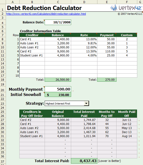 Free Debt Reduction Calculator for Excel