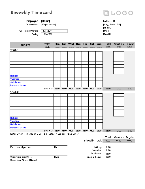 Biweekly Timecard: The spreadsheet contains both a weekly version of the timecard as well as the biweekly version shown in the screenshot on the left.