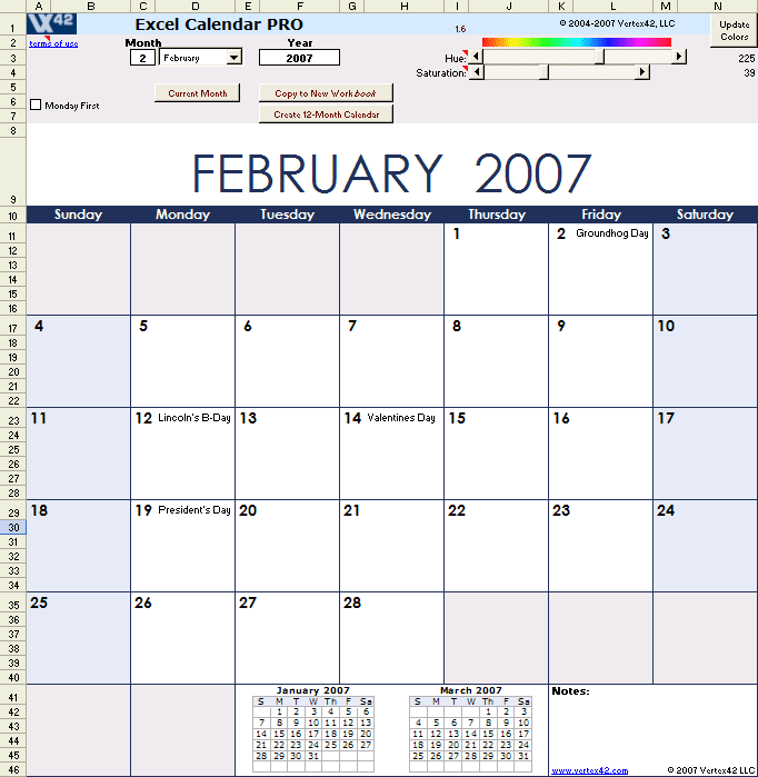 calendars. Excel Calendar PRO includes