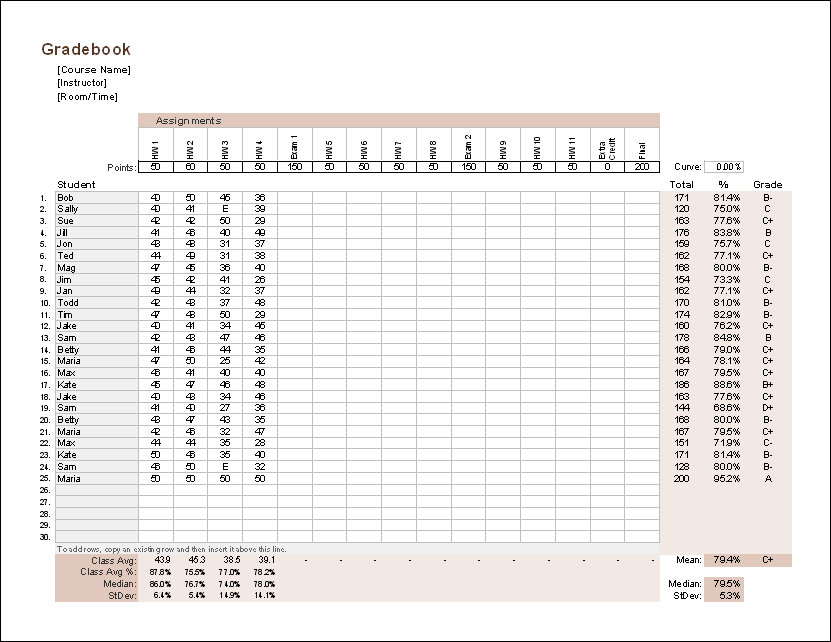 Gradebook Template for Excel Free Teacher Grade Book