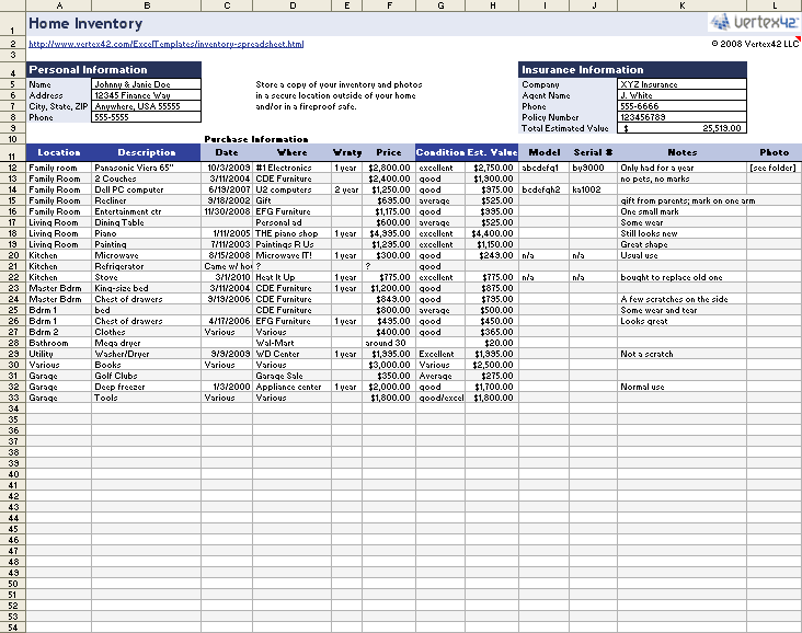 excel home inventory template