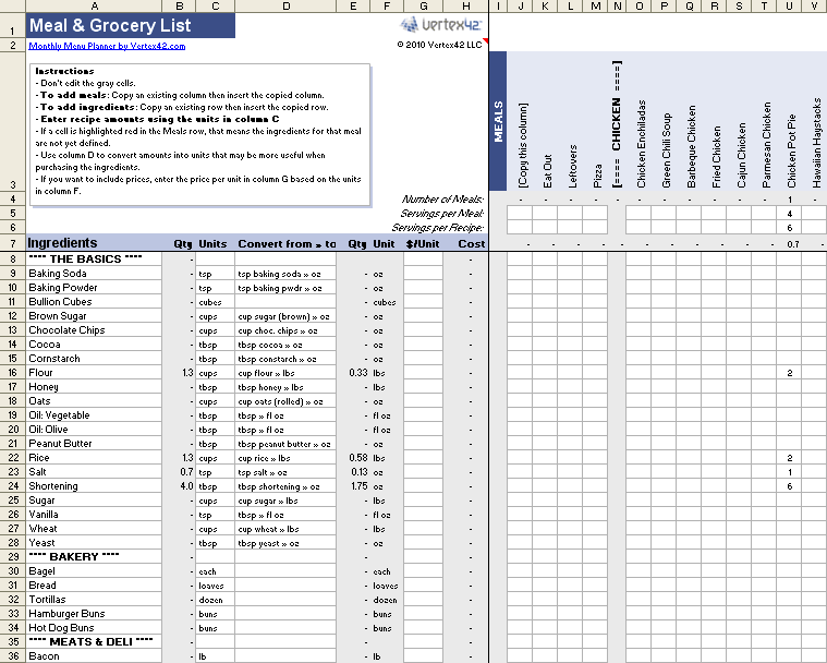 Weekly Meal Planner With Grocery List Excel