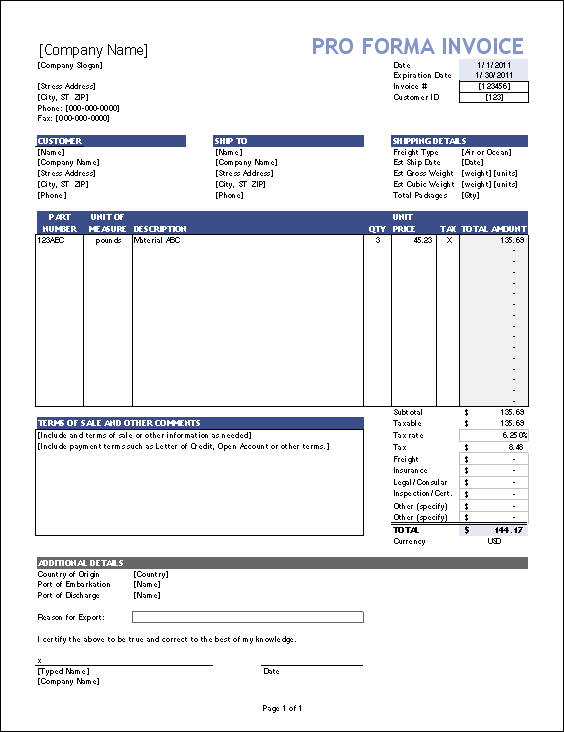 Proforma Invoice Template Excel