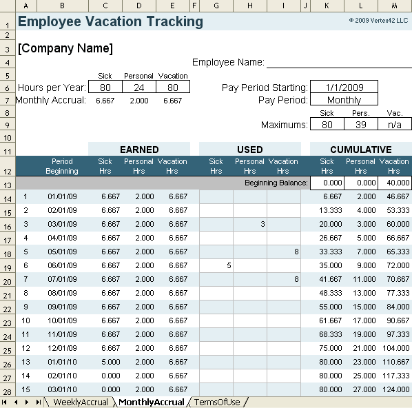 Vacation Accrual and Tracking Template with Sick Leave Accrual