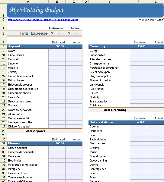 Wedding Budget Worksheet