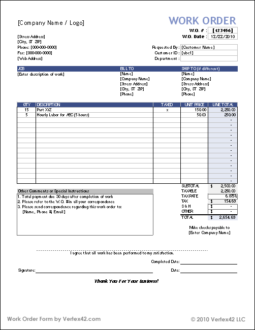 Work Order Form Template