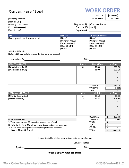 Work Orders | Free Work Order Form Template for Excel