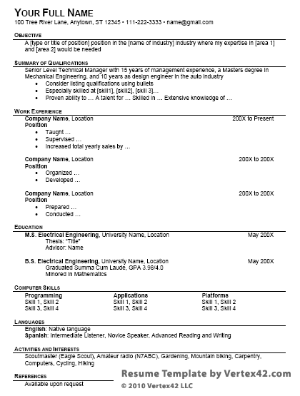 CV in tabular form